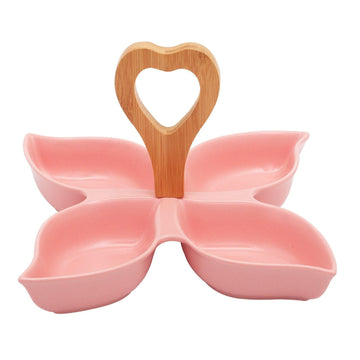 4 Compartment Star Pink Ceramic Serving Platter with Wooden Handle